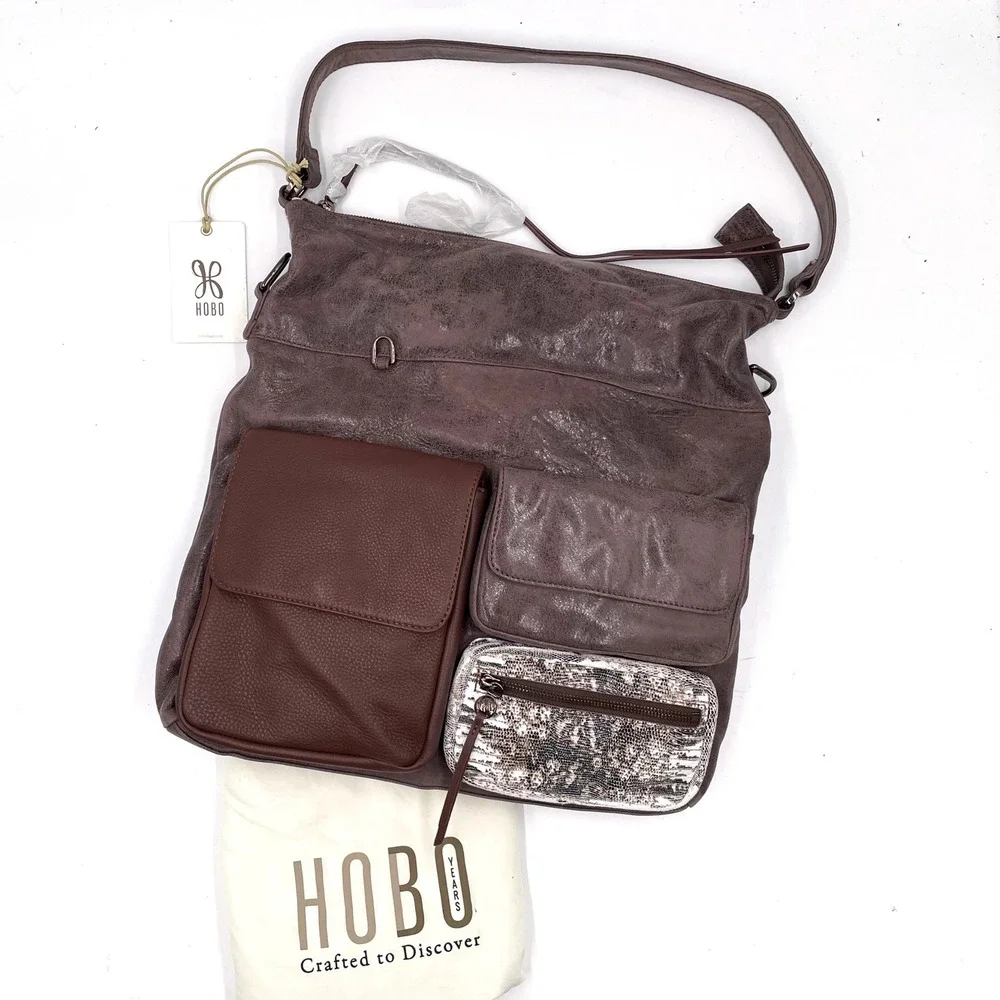 HOBO Explorer‎ Shoulder Bag Leather Crossbody Brown Snake Accents Pockets
